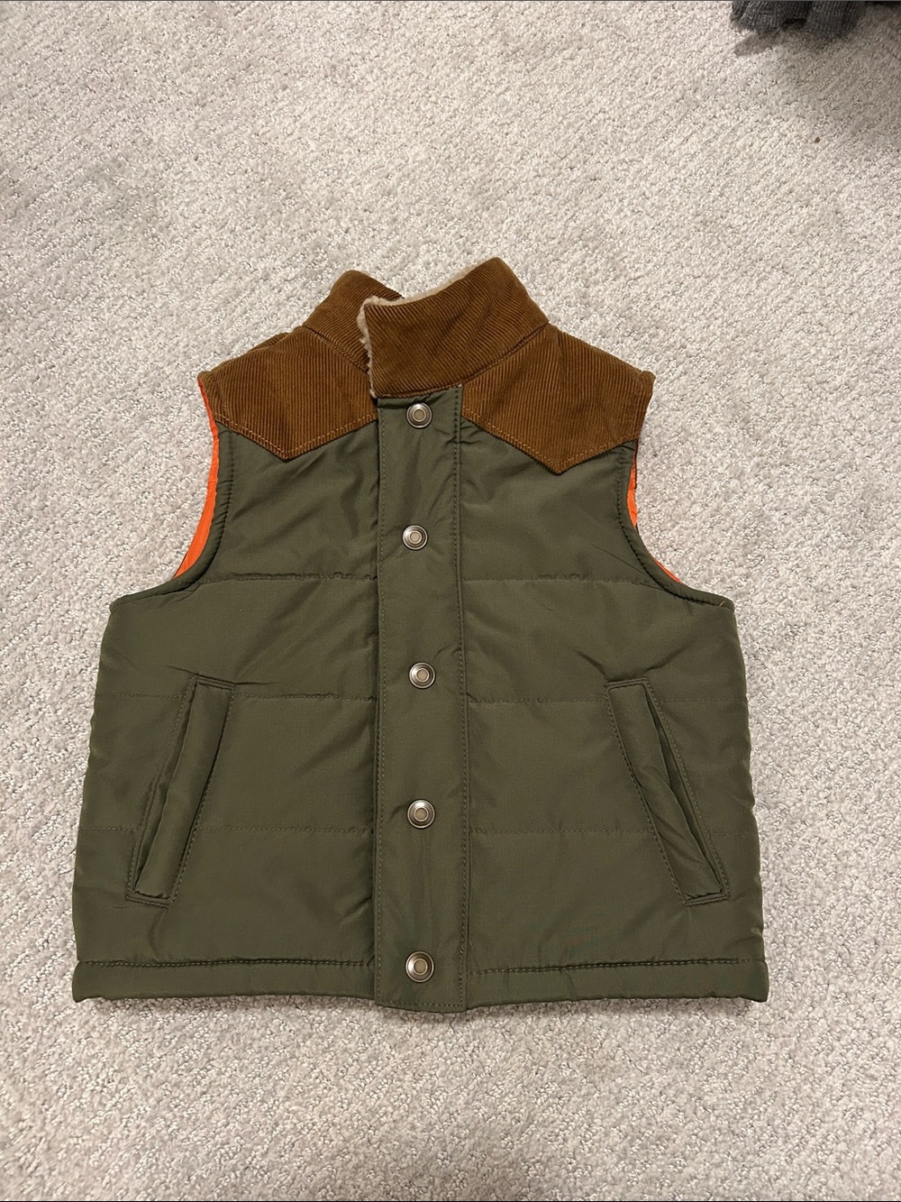 Carter's Olive Green Puffer Vest with Brown Corduroy Collar
